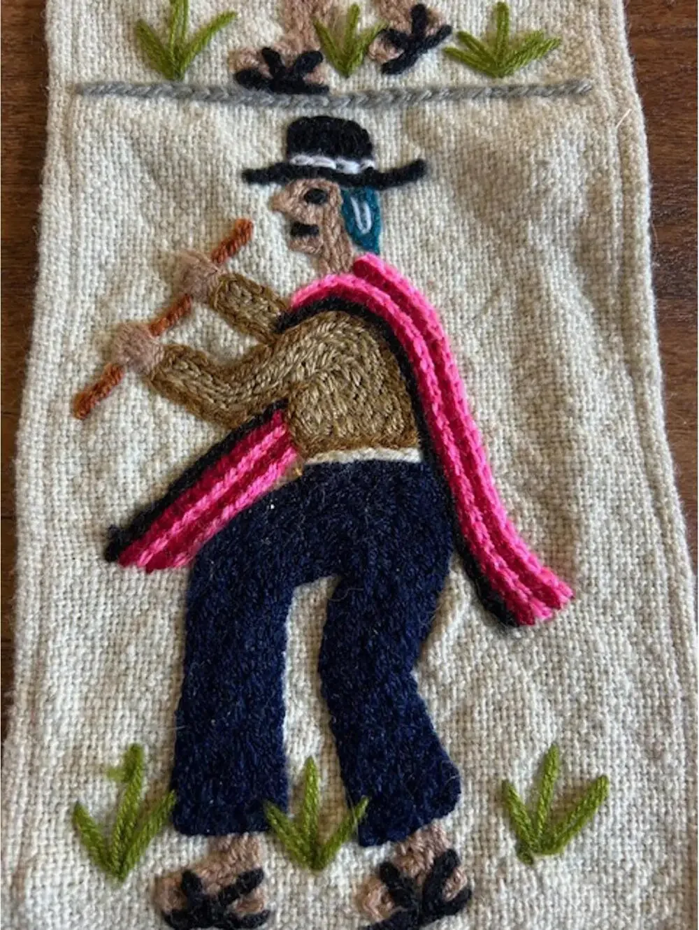 Handcrafted Peruvian Wool Wall Hanging with Embroidered Llama and Figures